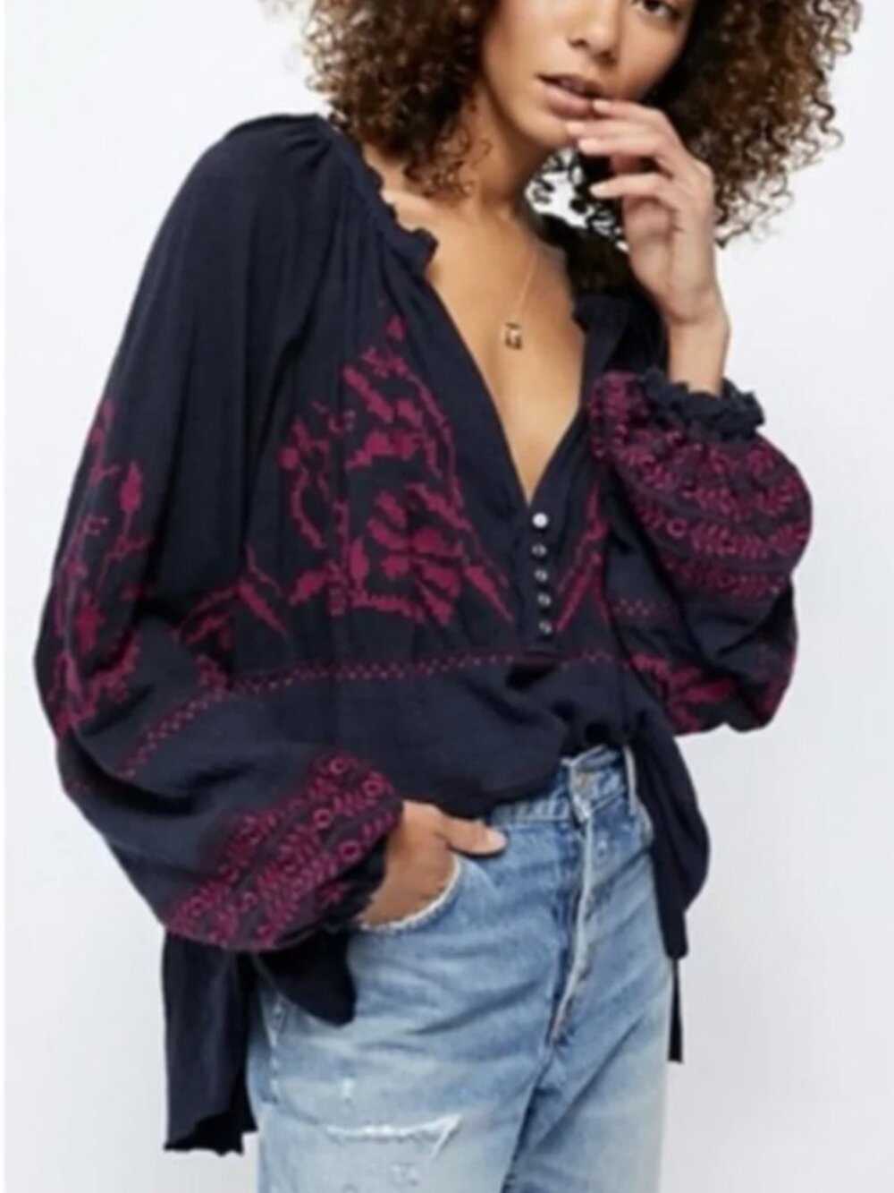 Free People | Persuasion Embroidered Tunic Boho Peasant Blouse Navy & Pink, M